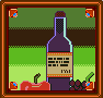 Wine bottle on a rug with fruit.