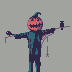 Carrot farm on an eggplant, with a pumpkin-headed scarecrow that doesn't scare crows anymore icon/pixelart